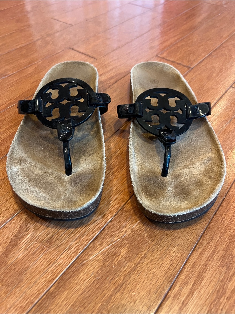 Tory Burch Black Logo Thong Sandals with Tan Footbed